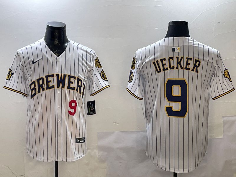 Men Milwaukee Brewers #9 Uecker White Stripe Fashion 2025 Nike MLB Jersey style 2